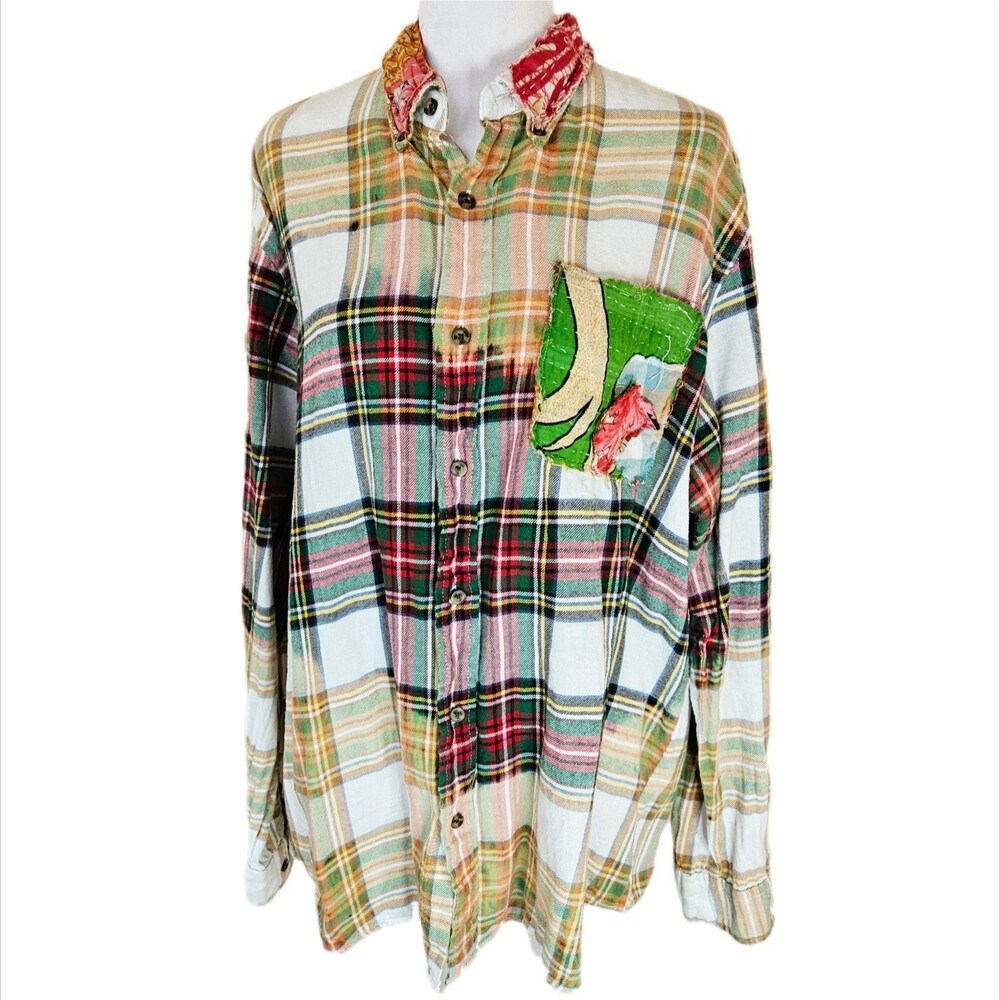 Sloan Upcycled Patchwork Flannel Button Up Top Women's Medium Oversized Grunge